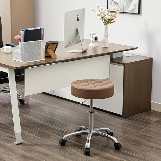 Stool for Work (Adjustable Height 20-27 inch) (Quiet Wheels and Aluminum Base) Vanity Stool for Makeup Room (Coffee Brown)