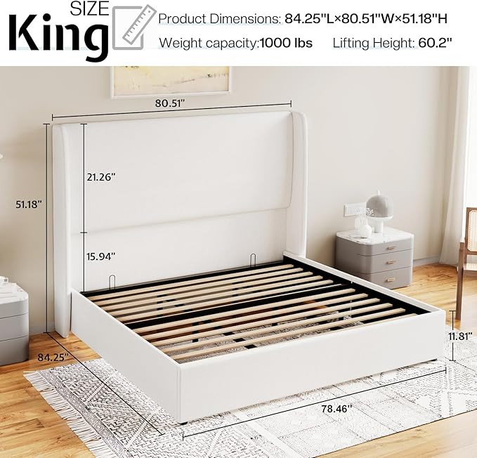 Jocisland King Size Bed Frame with Storage - Upholstered Lift Platform Bed, Wingback Headboard, Hydraulic System, No Box Spring Needed, Wood Slats Support, White