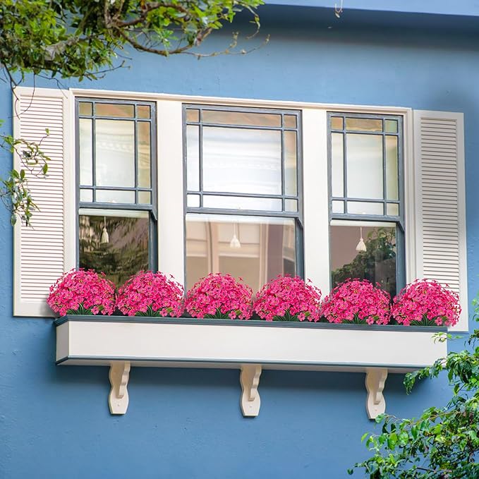 Outdoor Artificial Flowers 21 UV Resistant Bundles Fake Flower Plastic Plants Faux Silk Flowers Porch Hanging Garden Porch Window Box Decorating (Rose Red)