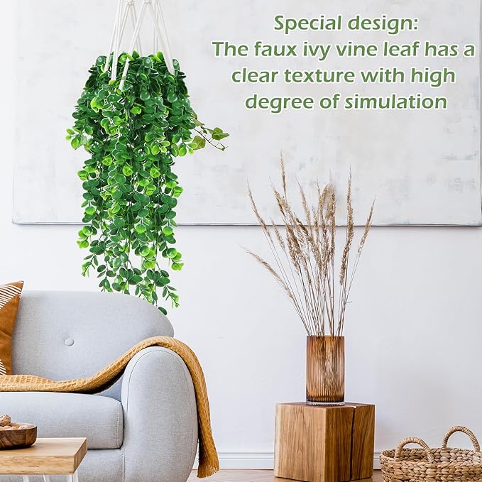 Hoteam 12 Pcs Artificial Hanging Plants 32 Inch Fake Ivy Vines with Fake Leaves Patio Artificial Plants Greenery for Living Room Indoor Outdoor Wall, No Basket (Eucalyptus,Persian Grass)