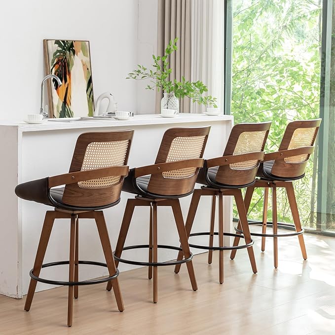 Mid Century Modern Counter Stools - 26.4 inch Swivel Rattan bar stools with Cane Back, Upholstered Faux Leather, Walnut Craftsmanship (Walnut Brown, Set of 1)