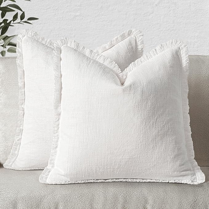 MIULEE Christmas Decorative Throw Pillow Covers Neutral Linen Fringe Throw Pillows Euro Shams Set of 2 White Boho Farmhouse Cushion Covers for Couch Sofa Bed Living Room Spring Home Decor 26x26 Inch