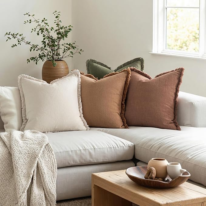 MIULEE Fall Decorative Couch Pillow Covers Neutral Linen Fringe Throw Pillows Set of 4 Soft Rustic Cushions Boho Farmhouse Pillowcases for Bed Sofa Living Room Home Decor 20x20 Inch Beige/Brown/Green