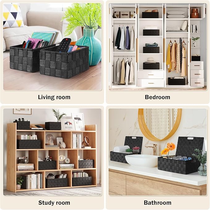 Storage Bins Baskets for Organizing with Lids, Storage Baskets for Shelves Stackable Woven Basket, Gift Small Basket Storage Cubes, Decorative Wicker Basket with Built-in Handles (5 Pack, Black)