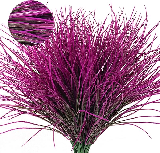 RECUTMS 12 Bundles Artificial Grass Fake Plants Outdoor Fake Grass UV Resistant Greenery Plastic Plants for Home Window Garden Office Patio Hanging Planter Pathway Front Porch Décorr(Fuchsia)