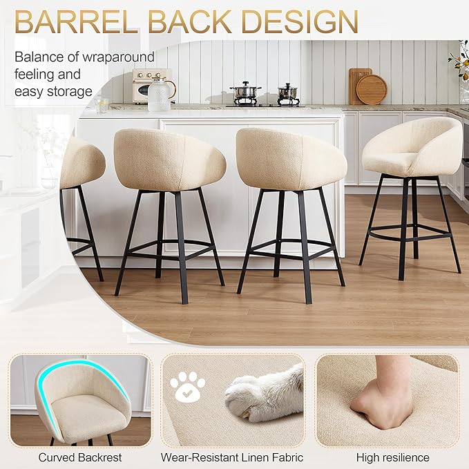 Zesthouse Swivel Counter Height Stools Set of 4, Modern Barrel Bar Stools for Kitchen Island, 26" Upholstered Kitchen Counter Height Barstools with Barrel Arms & Back, Beige Linen Fabric Bar Chairs
