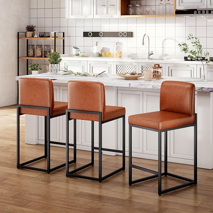 Sophia & William Brown Bar Stools Set of 3, Modern PU Leather Counter Height Barstools with Back, 24" Kitchen Island Bar Chairs
