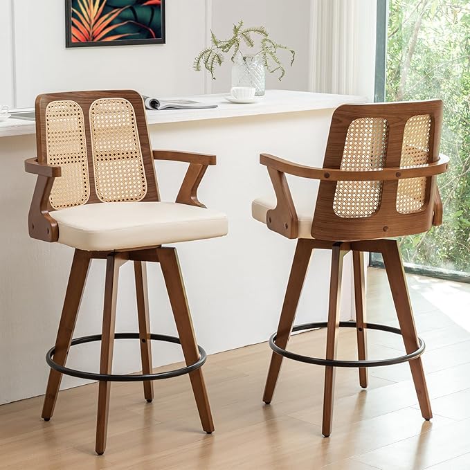 Set of 2 Mid Century Counter Stools - 27 inch Rattan Swivel Counterstools with Curved Back, Walnut Crafts, Upholstered Faux Leather, Counter Chairs for Island/Pub/Kitchen (27" Seat Height, Beige)