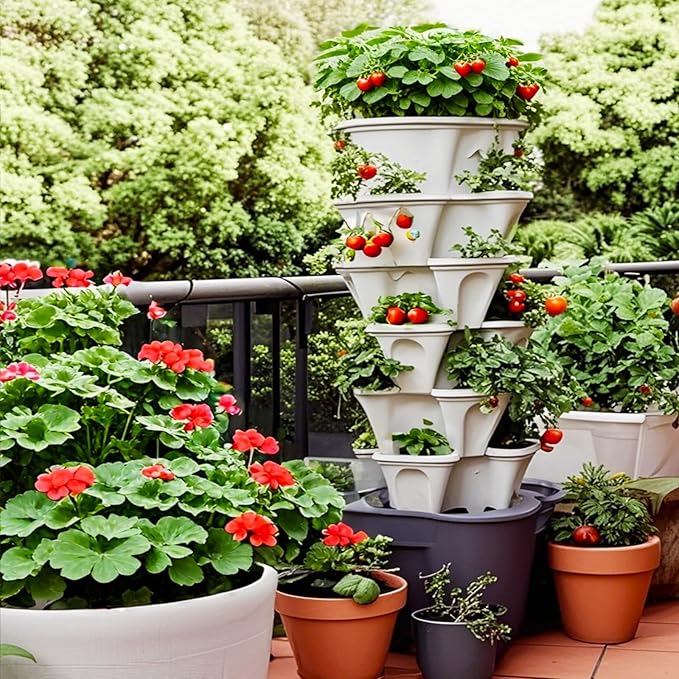 7 Tiered Strawberry Planters 2 Pack, Vertical Stackable Planter, Herb Stacking Tower Garden, Flower and Vegetable Planters with Support Pole Indoor and Outdoor with Removable Wheels Dark Grey