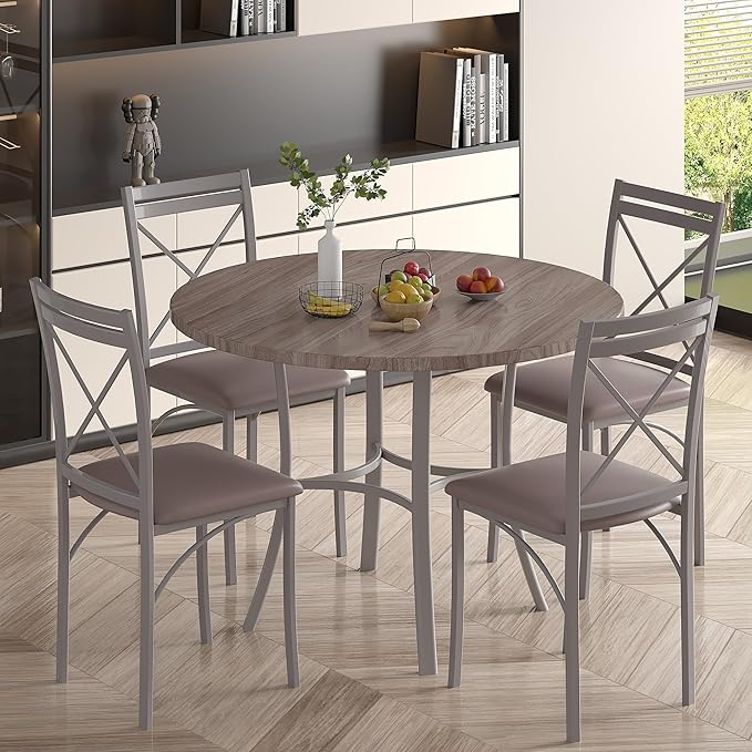 VECELO 36" Round Dining Table for 4, Wood Grain Dinette with Metal Frame for Kitchen, Apartment, Home, Space-Saving, Elegant Grey