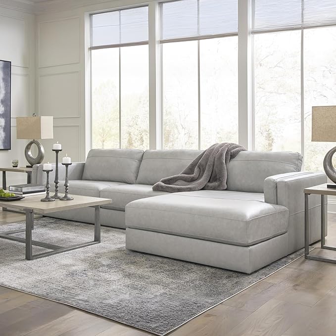Signature Design by Ashley Amiata Modern L-Shaped Leather Match 2-Piece Sectional with Chaise, Light Gray