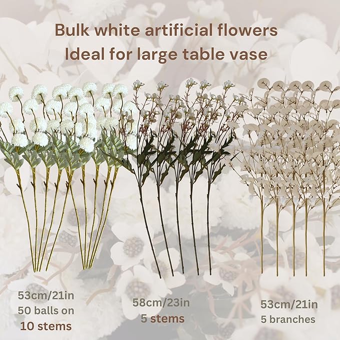 White Artificial Flowers Bulk for Vase That Look Real, White Flower Centerpiece for Table, Silk Floral for Home Decor Indoor, Faux Kiku + Eucalyptus Stems + Wildflowers, Flores Blancas Artificiales