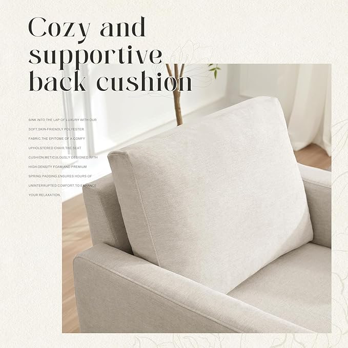 Mid-Century Accent Chair,Modern Linen Fabric Armchair for Living Room,Comfy Upholstered Reading Accent Chairs for Bedroom,Single Sofa Chair with Wood Legs (Beige, 2 Pack)