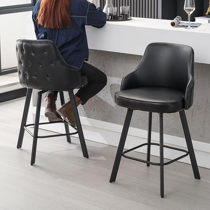 Bar Stools Set of 3, 26" Swivel Counter Height Bar Stools with High Back, Faux Leather Kitchen Barstools Counter Height for Kitchen Island (Black, 3PCS 26" Counter Stools)