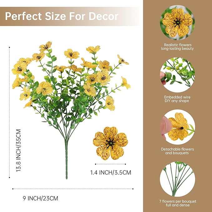 12 Bundles Artificial Flowers Plants for Outdoor Indoor Summer Home Decor, Faux Flower Daisy with Eucalyptus Leaves Fake Plants, UV Resistant Artificial Flowers for Garden Porch Patio Decor Yellow