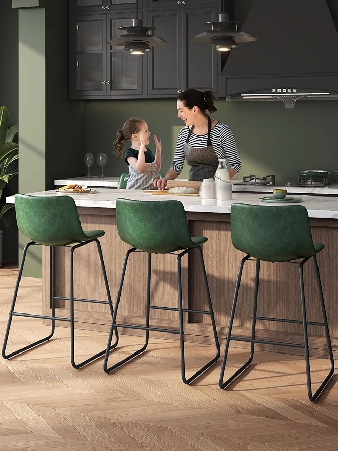 Bar Stools Set of 3, 26 Inches Counter Height Bar Stools with Back, Modern Faux Leather Barstools with Metal Legs and Footrest, Bar Chairs for Kitchens Island (Green)