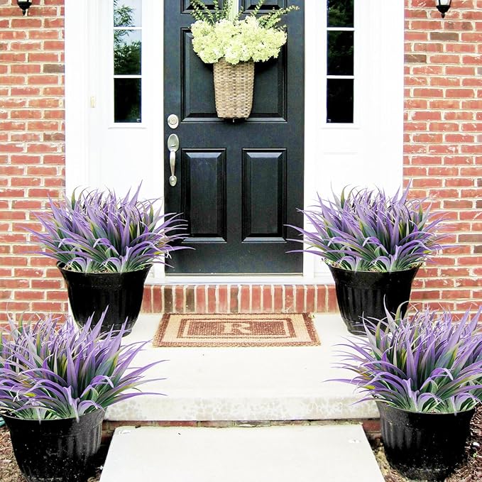 24Pcs Artificial Grass Plant Fake Outdoor Plastic Plants UV Resistant Faux Grasses Greenery Shrubs for Window Box Garden Patio Porch Home Decor Light Purple