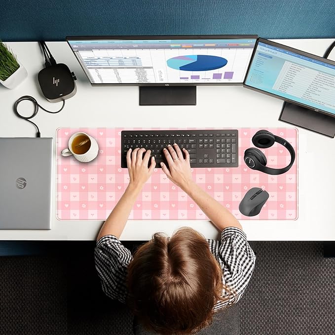 Pink Minimalist Gingham Floral Desk Mat Gaming Mouse Pad Large Cute Pastel Desk Pad Deskmat Kawaii, Women Office Desk Cover Mat, Laptop Computer Keyboard Mat Mousepad Desk Accessories 31.5"x11.8"
