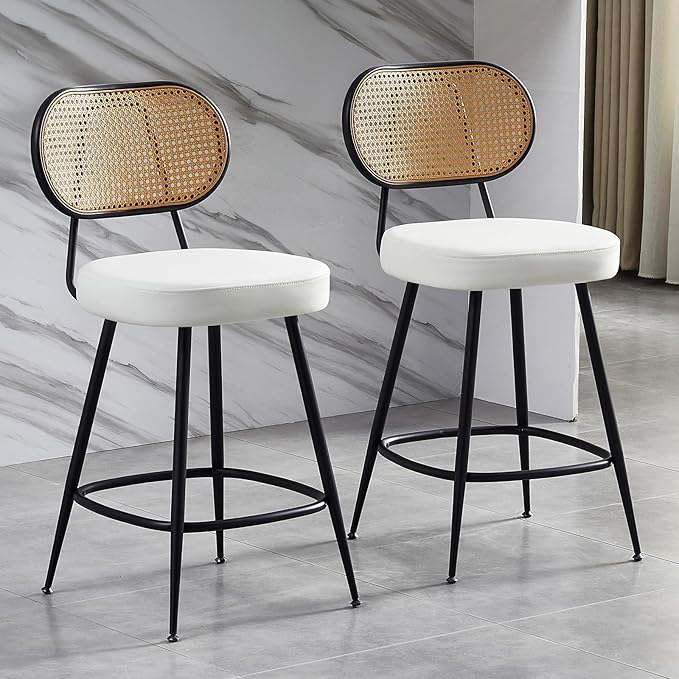 26" Rattan Barstools Set of 2, Counter Height Bar Chair with Black Metal Legs, Modern Armless PU Leather Pub Chair,Adjustable Feetpads Stools for Home Counter,Kitchen Dining Island,Cafe(White)