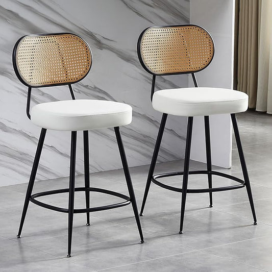 26" Rattan Barstools Set of 2, Counter Height Bar Chair with Black Metal Legs, Modern Armless PU Leather Pub Chair,Adjustable Feetpads Stools for Home Counter,Kitchen Dining Island,Cafe(White)