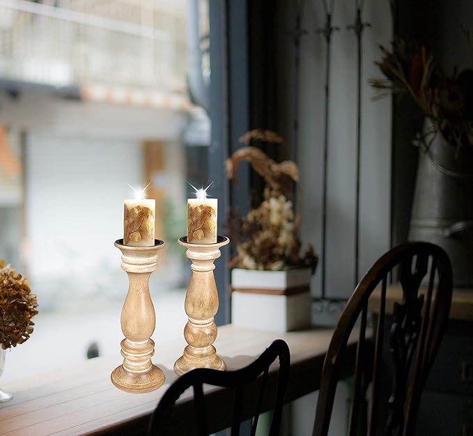 Candle Holder Set of 2 – White Wash Finish Wooden Pillar Stands – 12x4.5 inch, Decorative Candle Holders for Table Centerpiece, Wedding, Party, Home Décor, Spa, Farmhouse Gift