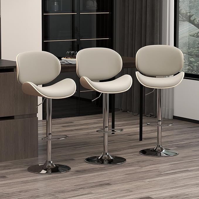 KCC Bar Stools Set of 3, Swivel Adjustable Height Barstools, PU Leather Upholstered Bar Chairs with Footrest, Bentwood Bar Stool for Kitchen, Bar, Dining Room(Grey PU)