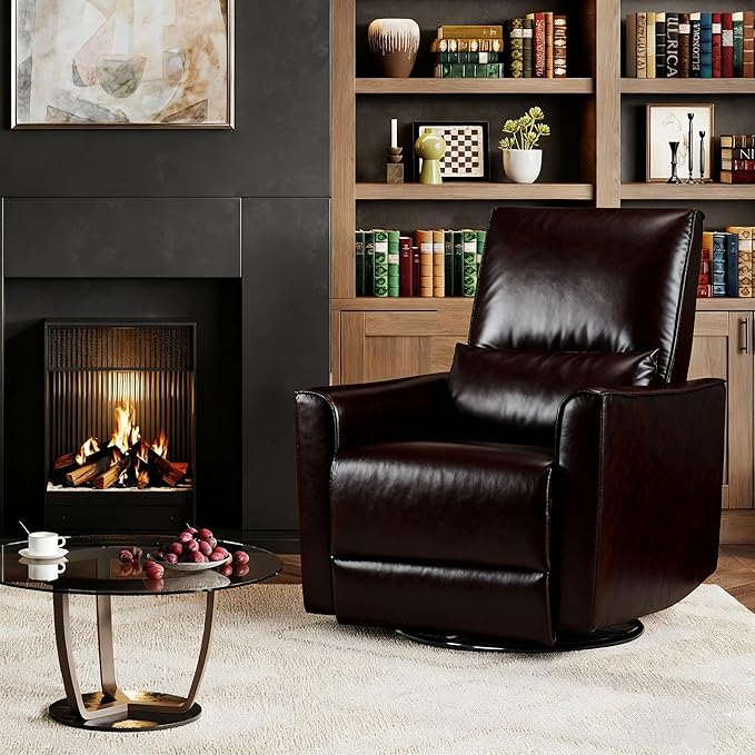GarveeHome Recliner Chair, 360° Swivel Rocker Glider Nursery Chair with Padded Armrest and Deep Seat, PU Leather Upholstered Reclining Sofa Chair for Living Room, Bedroom and Nursery (Dark Brown)
