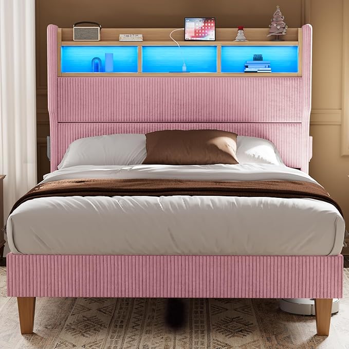 Full Size Bed Frame with 51" Tall Corduroy Wingback Headboard and Storage Shelf, Upholstered Platform Bed with LED Lights & Charging Station, No Box Spring Needed, Easy Assembly, Pink