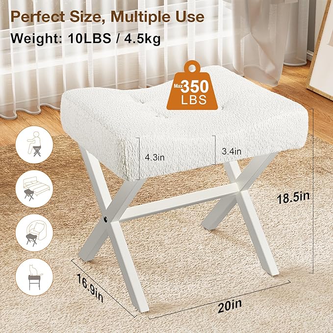 18-Inch Large Vanity Stool Chair, Vanity Bench with Metal X-Legs, Ottoman Accent Stool with Breathable and Soft Boucle Fabric Saddle Seat, White