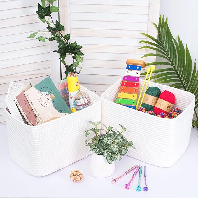 MINTWOOD Design 3-Pack Storage Baskets for Shelves, Playroom and Classroom, Book Basket, Decorative Cube Bins, Woven Closet Organizers, Baby Nursery Baskets, Creamy White