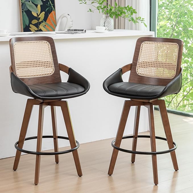 Set of 2 Counter Height Bar Stools - 26.4 inch Swivel Counter Stools with Cane Back, Upholstered Seat, Curved Arms, Rattan CounterStools for Island/Pub/Kitchen/Cafe (26" Seat Height, Black)