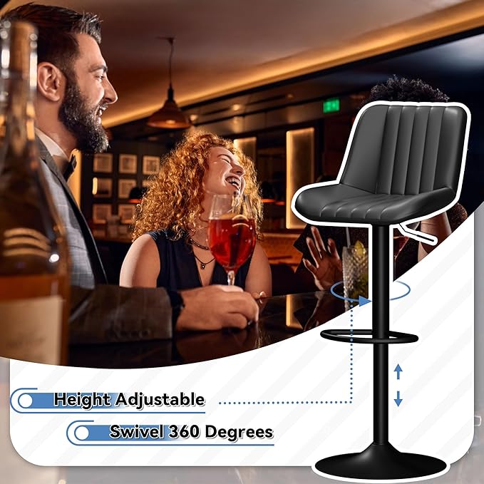 JAMFLY Bar Stools Set of 2, Swivel Bar Height Chairs Set of 2, Adjustable Tall Leather Bar Stools for Kitchen Island, Black