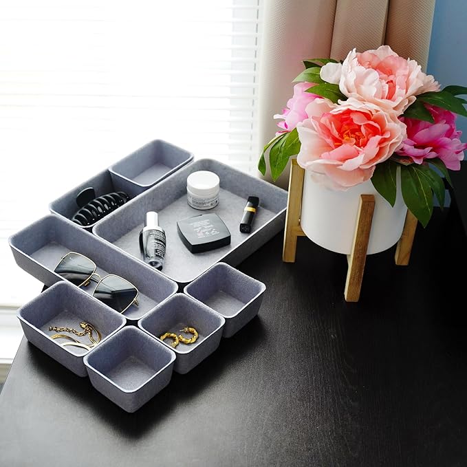Welaxy Drawer organizers tray Felt storage bins office Desk Draw dividers Sleek Minimalist Lifestyle chic style aesthetics room interior decor 8-piece Gift for men (Glacier gray)