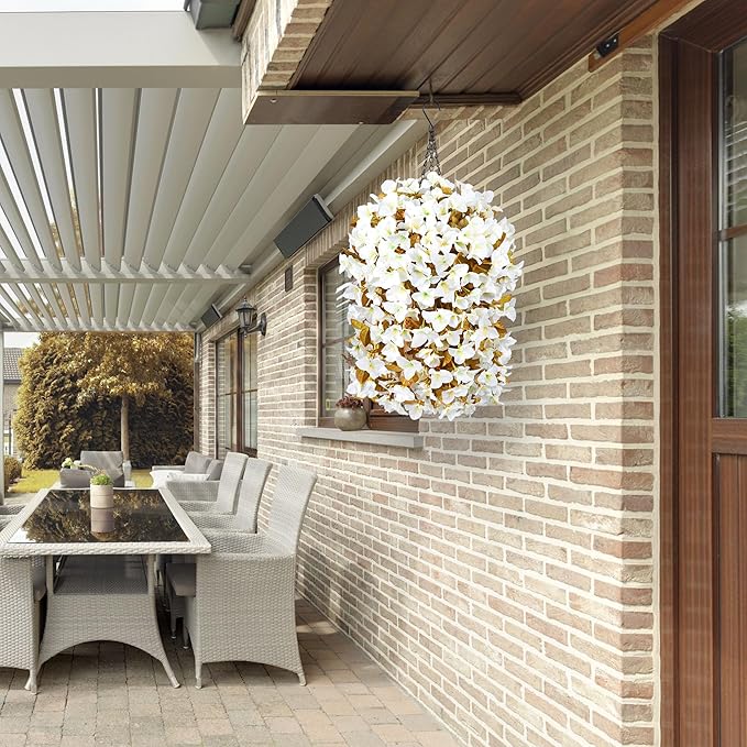 Bougainvillea Artificial Fall Flowers Fake Plants for Outdoors Autumn Decoration, 3PCS Faux Silk Hanging Trailing Vines with Baskets UV Resistant Realistic for Front Door Patio Balcony, Fall White