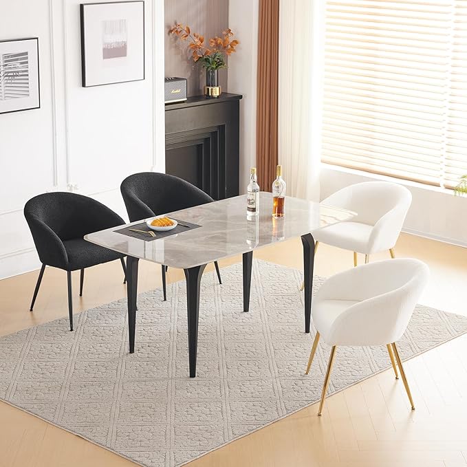 Modern Small Accent Chair Set of 2, Comfy Sherpa Makeup Vanity Chair with Golden Metal Legs, Decorative Chair no Wheels for Living Room, Dressing Room, Bedroom, White