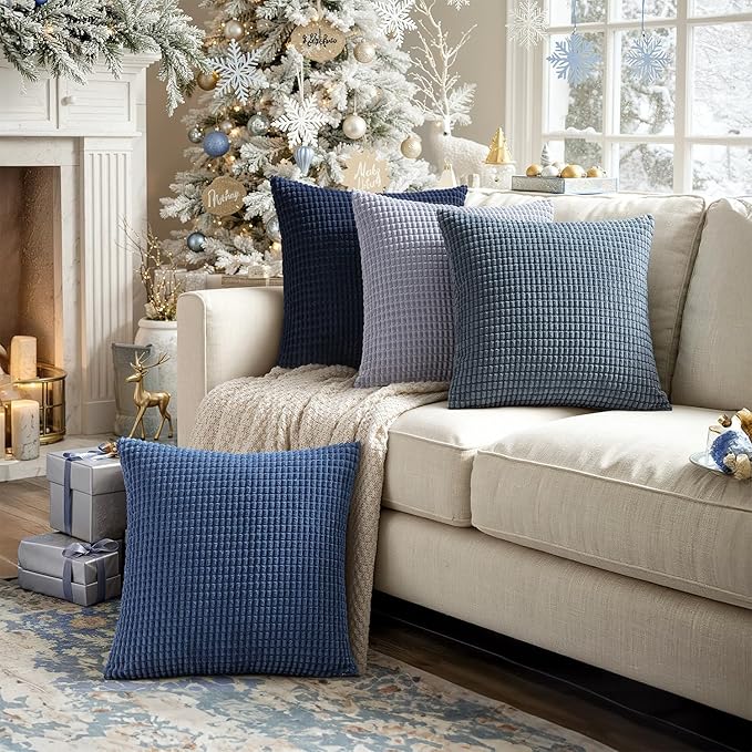 MIULEE Blue Decorative Euro Sham Pillow Covers 24x24 Inch Set of 4 Boho Western Farmhouse Home Decor Couch Throw Pillows Summer Coastal Corduroy Pillowcases Industrial for Sofa Living Room Bed