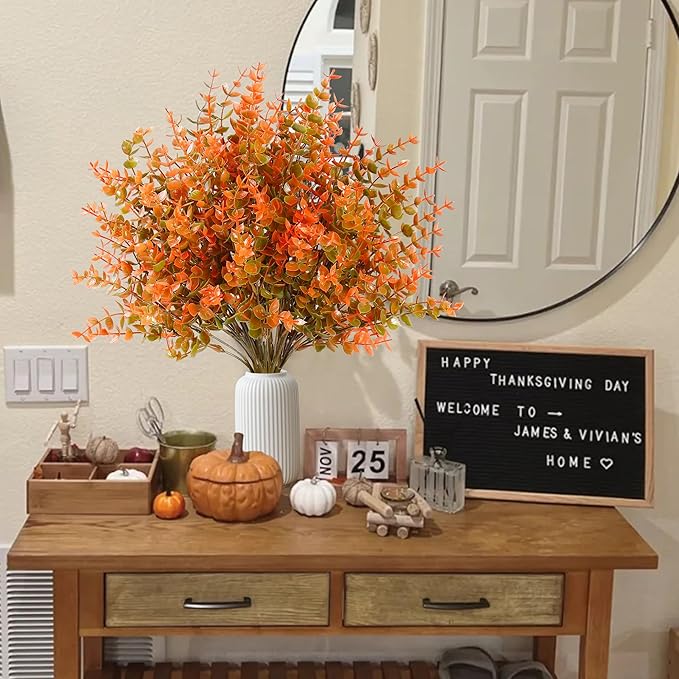 Sggvecsy 24 Bundles Artificial Eucalyptus Fall Plant Fake Bushes Boxwood Shrubs Outdoor Greenery UV Resistant Plants Faux Plastic Plants for Home Garden Indoor Fall Thanksgiving Autumn Decor(Fall)