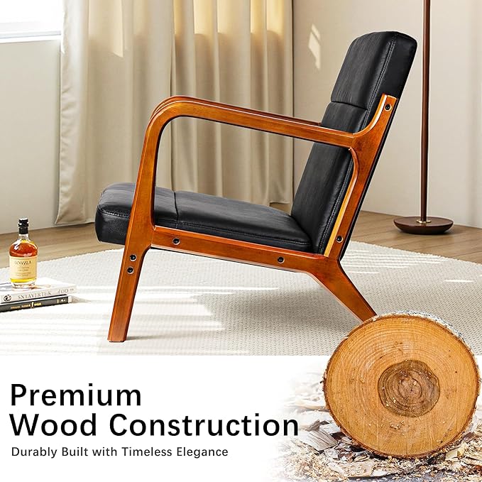 VECELO Mid-Century Modern Accent Chair with Faux Leather Cushion & Solid Wood Frame, Lounge Armchair for Living Room, Bedroom, Office, Black