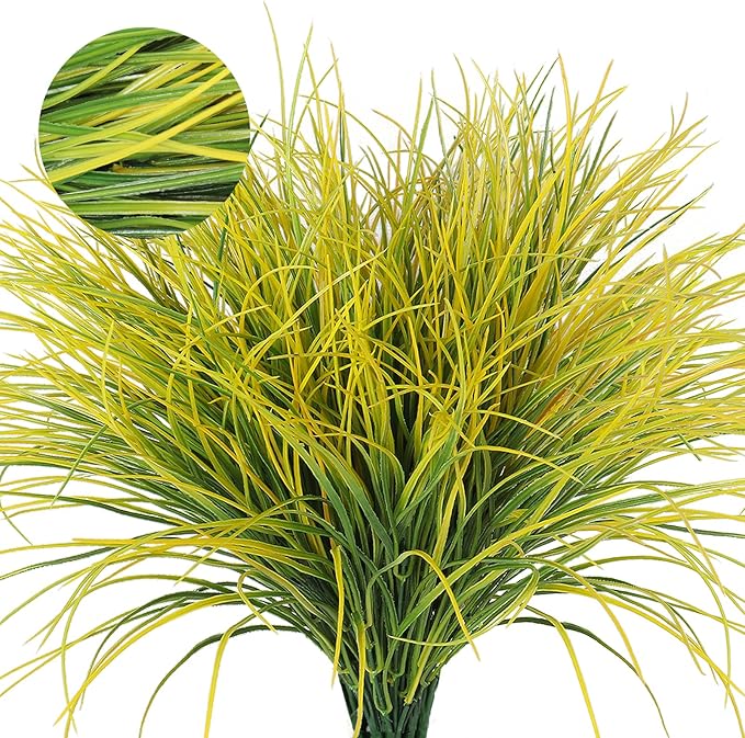 RECUTMS Fake Grass Plant,Fake Plants Outdoor, Artificial Grass, UV Resistant Fake Bushes Plastic Artificial Greenery Shrubs, Faux Greenery for House Garden Patio Front Porch Indoor Decor(Yellow)