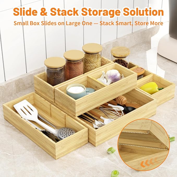 SpaceWhisper Bamboo Drawer Organizer, 5-Piece Drawer Divider with Removable Dividers for Organization and Storage, Multi-Use Stackable Storage Box & Utensil Holder for Kitchen, Office, Makeup & More