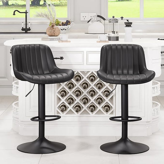 YOUNUOKE Black Bar Stools Set of 2 Adjustable Counter Height Stools Modern Swivel Barstools with Backs Mid Century PU Leather Upholstered Bar Chairs for Kitchen Island