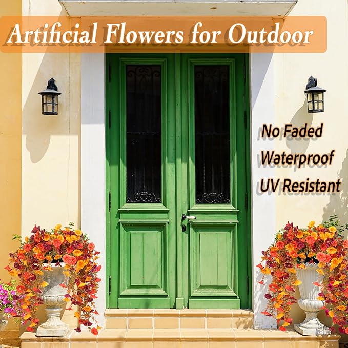 Artificial Mums for Outdoors, 4 pcs Fall Faux Flowers for Outdoor Planters, Fake Mums with Eucalyptus Leaves for Yard Patio Lawn Garden, Fall Porch Decor, Autumn Morning Glory Silk Flowers