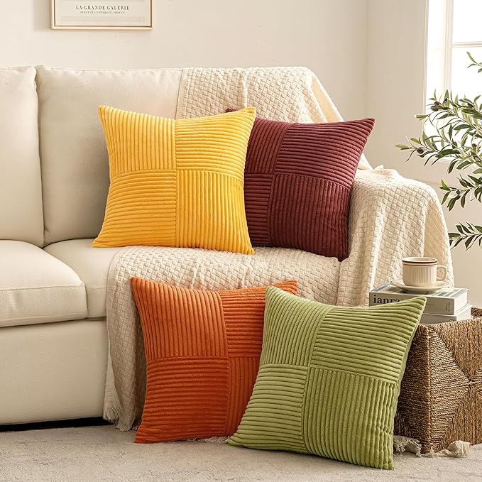 MIULEE Yellow Orange Rust Throw Pillow Covers 16x16 Inch 4 Packs Boho Farmhouse Decorative Color-Clash Pillow Cases Soft Cushion Cases for Couch Sofa Bed Corduroy Striped Fall Home Decor