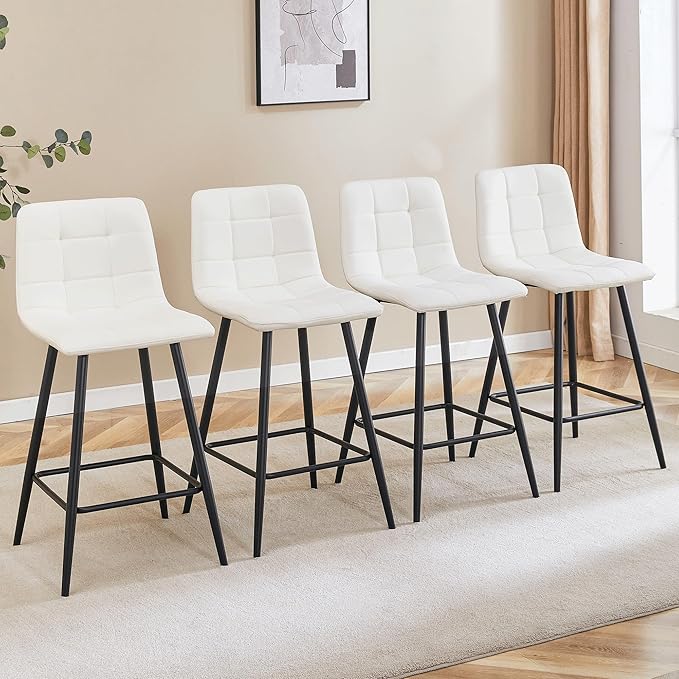 Bar Stools Set of 4,White Faux Leather Counter Height Bar Stools,24.6" Bar Chairs with Back Metal Footrest,Modern Counter Stool with Back and Footrest for Kitchen Island Restaurants Pubs