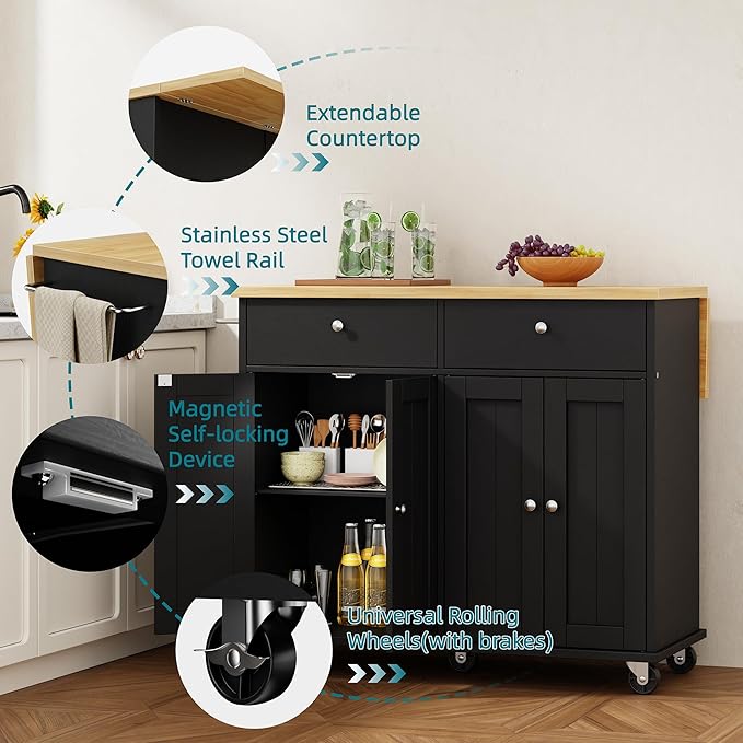 Shintenchi Kitchen Island with Drop Leaf, Rolling Kitchen Cart with Storage on Wheels, Table Bar Cart for Kitchen with Towel Rack & Seating Area for Dining Room, Black