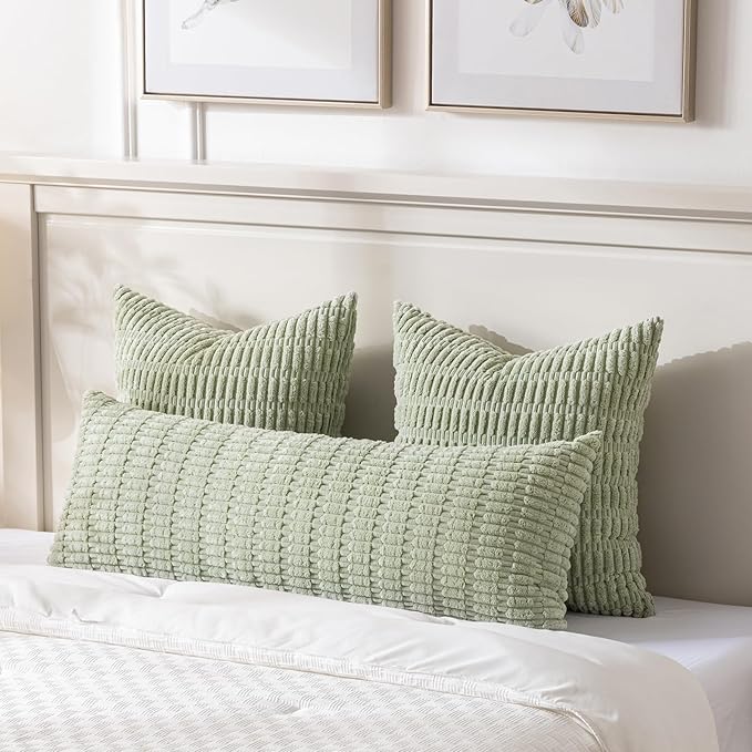 Fancy Homi 2 Packs Sage Green Long Lumbar Decorative Throw Pillow Covers 14x36 Inch for Bed Couch Bedroom, Soft Corduroy Rectangle Solid Cushion Case 35x91 cm, Rustic Farmhouse Boho Room Décor