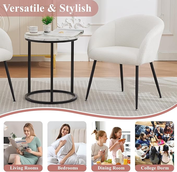 Modern Small Accent Chair Set of 2, Comfy Sherpa Makeup Vanity Chair with Metal Legs, Decorative Chair no Wheels for Living Room, Dressing Room, Bedroom, White