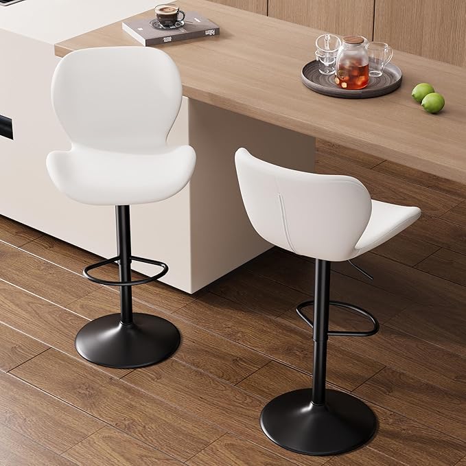 Nalupatio Swivel Bar Stools Set of 2,PU Leather Upholstered Barstools with Back & Footrest, Seat Adjustable Height 22.2-31IN Counter Height Bar Chairs for Bar Kitchen Island,White