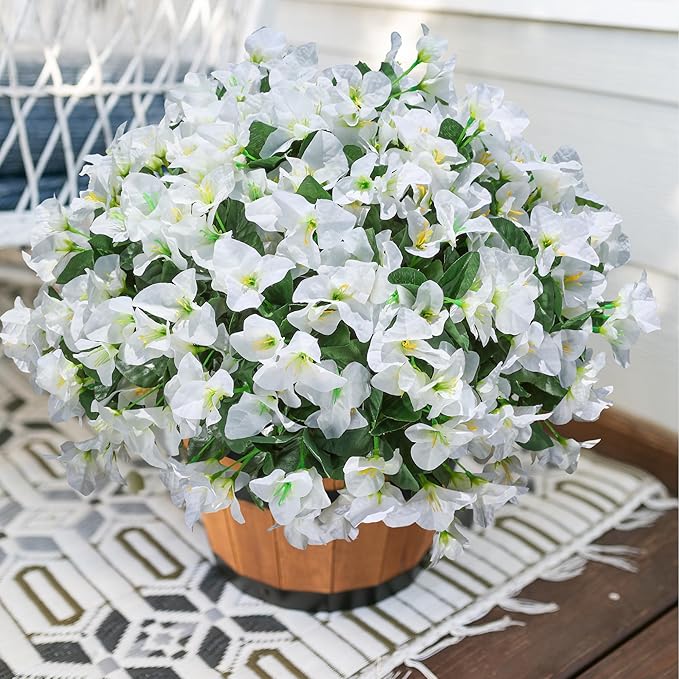 Ivydale Artificial Flowers for Outdoors, 4 Bundles Fake Bougainvillea Flower UV Resistant Silk Flowers for Outside, Outdoor Faux Plants for Planter Patio Porch Window Garden Home Decoration (White)