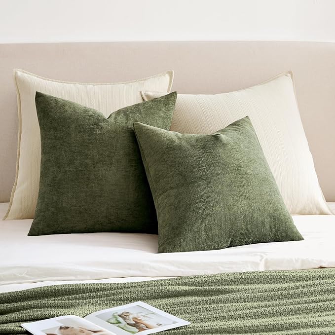 MIULEE Olive Green Couch Pillow Covers 18x18 Inch, Set of 2 Soft Chenille Decorative Square Throw Pillow Covers Farmhouse for Sofa Living Room Bed